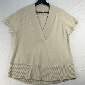 Coldwater Creek Womens Sweater Knit Top Cap Sleeve V Neck Beige Large L